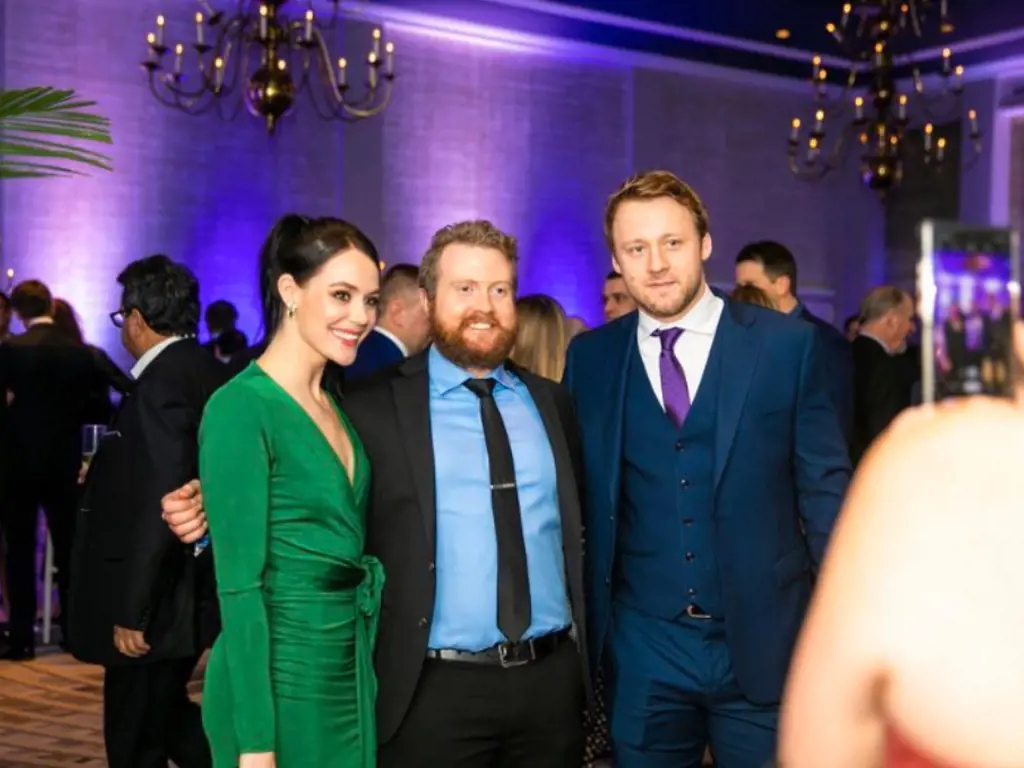 Tessa Virtue and Morgan Rielly (in blue suit) went public in 2020.
