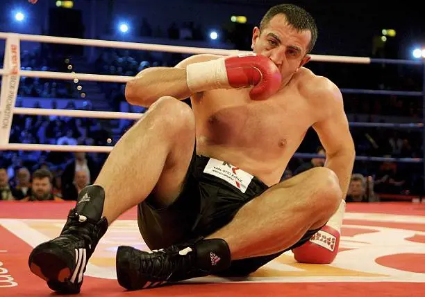 Goran Gogic of Germany ends up on the floor in the Heavyweight fight against Pedro Carrion during the Arena Boxing Night at the Alterdorfer Sporthalle on December 15, 2006 in Hamburg, Germany. 