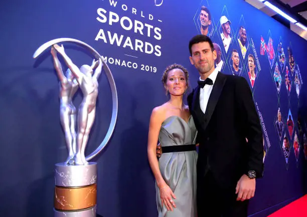  Laureus World Sportsman of The Year 2019 Nominee Novak Djokovic and wife Jelena Djokovic during the 2019 Laureus World Sports Awards on February 18, 2019 in Monaco, Monaco.