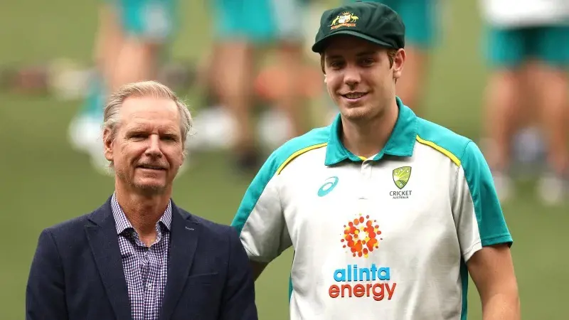 Cameron Green with his father Gary before day one of the First Test match between Australia and India at Adelaide Oval on December 17, 2020 in Adelaide, Australia.