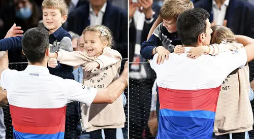 Novak Djokovic with son Stefan and daughter Tara after the Paris Masters final in 2021