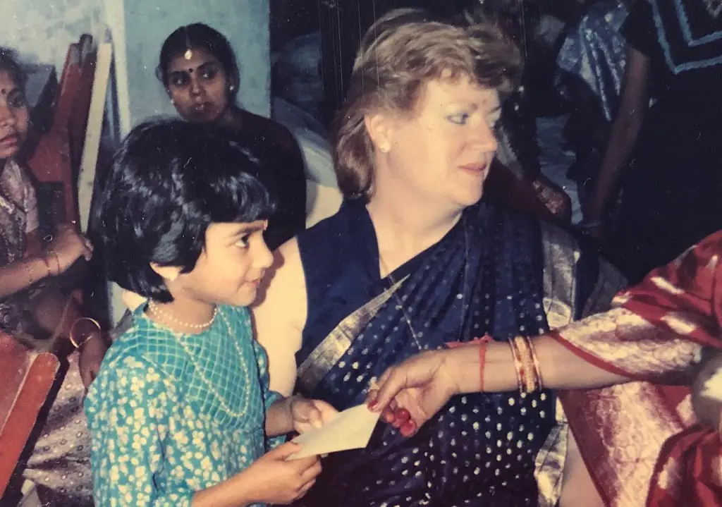 Lisa Sthalekar as a child with her mother Sue Sthalekar in an Indian wedding. Sue passed away in 2002.