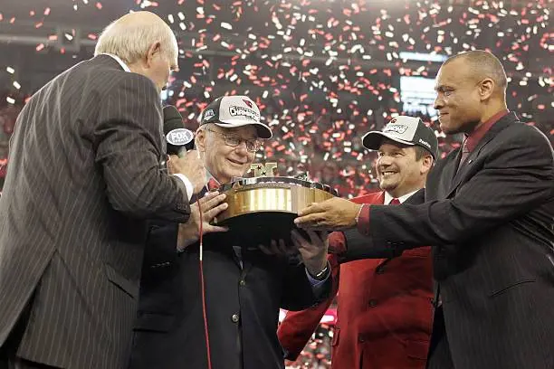 Arizona Cardinals Owner William Bidwill and President Michael Bidwill receive the Halas trophy after the NFC Championship game against the Philadelphia Eagles at University of Phoenix Stadium in Glendale, Arizona on January 18th, 2009