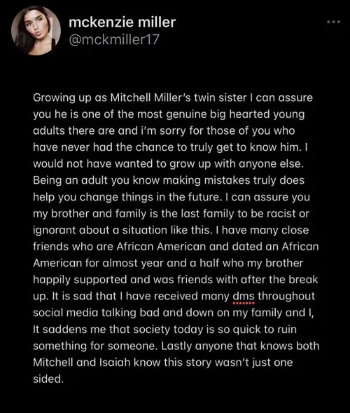 McKenzie Miller, the twin sister of Mitchell Miller tweeted in support of her brother in 2020 after he was renounced by the Coyotes 
