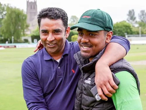 Rehan Ahmend with his father Naeem Ahmed pictured earlier this year in May after Naeem made his First Class debut