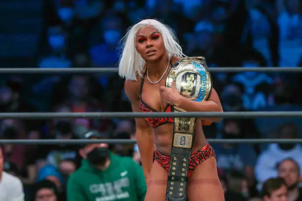 Jade Cargill holds the AEW TBS Championship after defending the title during the AEW Dynamite - Beach Break taping on January 26, 2022, at the Wolstein Center in Cleveland, OH. 