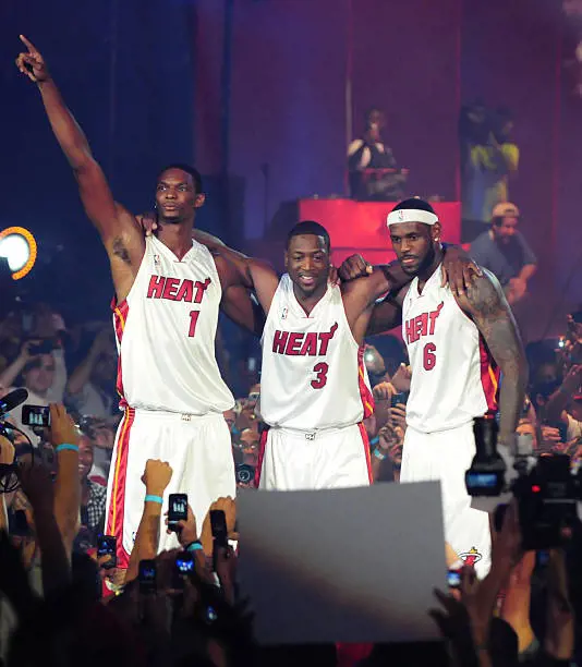 (L-R)Chris Bosh, Dwyane Wade and LeBron James attend HEAT Summer of 2010 Welcome Event at AmericanAirlines Arena on July 9, 2010 in Miami, Florida. 