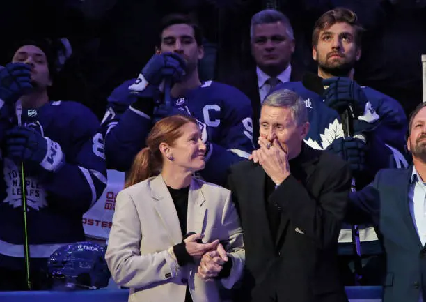 Borje Salming and his wife Pia Salming in the Scotiabank Arena on November 12, 2022 as Borje gets honored by his former team 