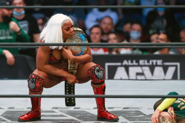  Jade Cargill holds the AEW TBS Championship after defending the title against Julia Hart during the AEW Dynamite - Beach Break taping on January 26, 2022, at the Wolstein Center in Cleveland, OH