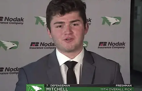 Mitchell Miller addresses to the media after being chosen by the Arizona Coyotes as their draft pick in 2020