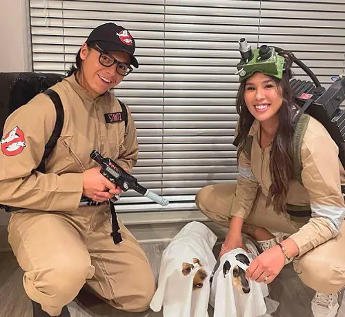 Ethan Bear and his fiance Lenasia Ned cosplay Ghostbusters character on the occasion of Halloween 2021