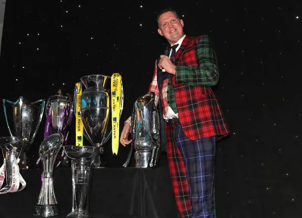 Doddie Weir, the former Scotland international and Newcastle Falcons player, poses with the rugby trophies in 2018