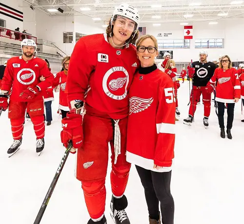 Tyler Bertuzzi with his mother Angela Bertuzzi at the All Star Game at the Enterprise Centre in 2020 
