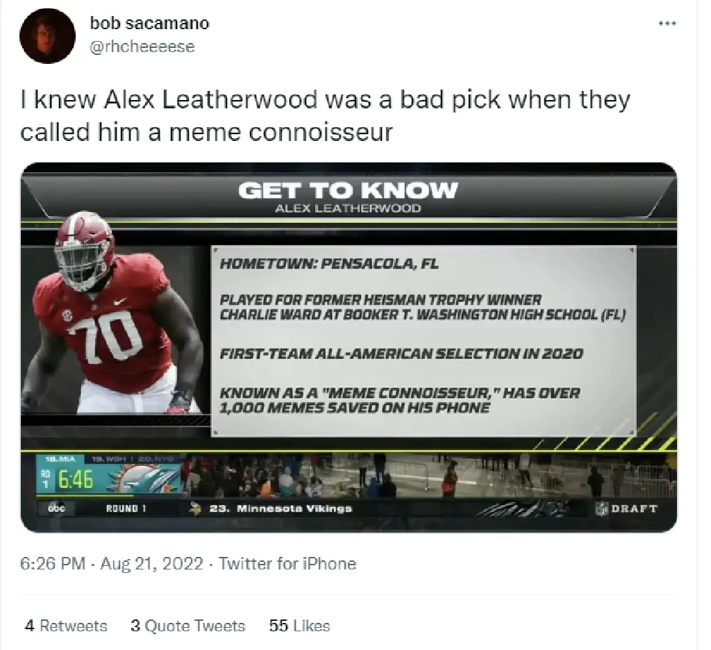 A tweet made by an user stating Alex Leatherwood was a bad pick by the Raiders