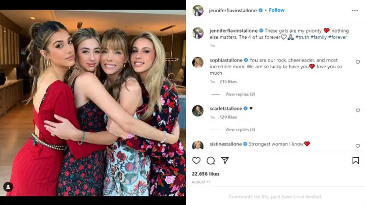 Instagram post by Jennifer Flavin with her daughters where they have commented on Jennifer's support