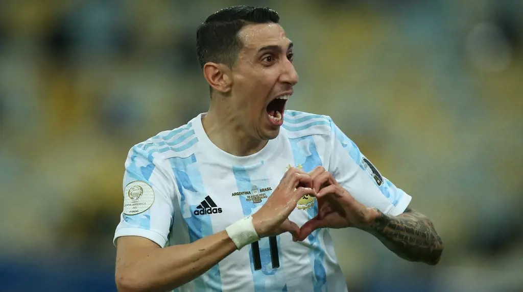 Angel di Maria doing his signature celebration in Argentina jersey.