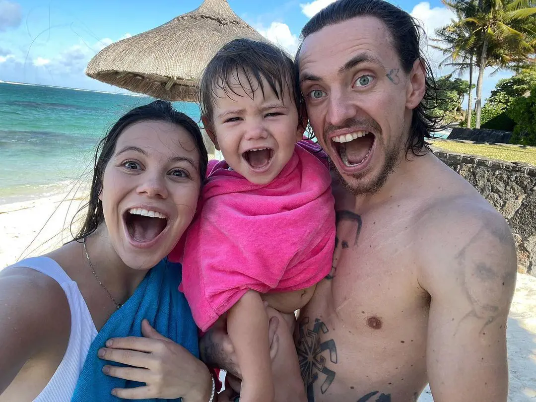 Elena and Sergei with their son enjoying on the beach at Mauritius, Indian Ocean, Africa in September 2021.
