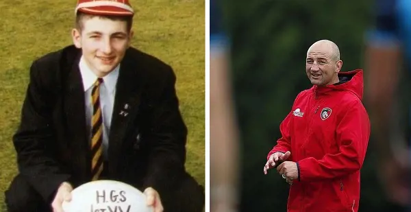 On left:Steve captained his school Hutton to an undefeated seasons and on right: Steve during a team session of Leicester Tigers 