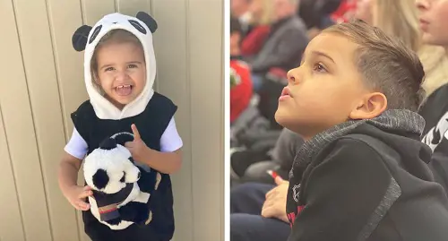 On left: Robin's daughter Zoe is all decked up in a panda gear and on right: The goaltender's son pictured watching on his game in the big screen in 2020