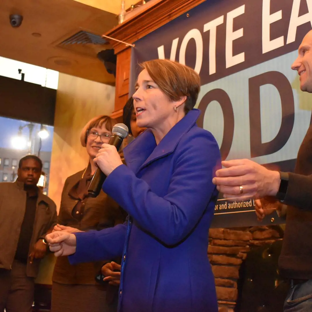 Maura Healey speaks to the crowd during one of her campaigns in 2018